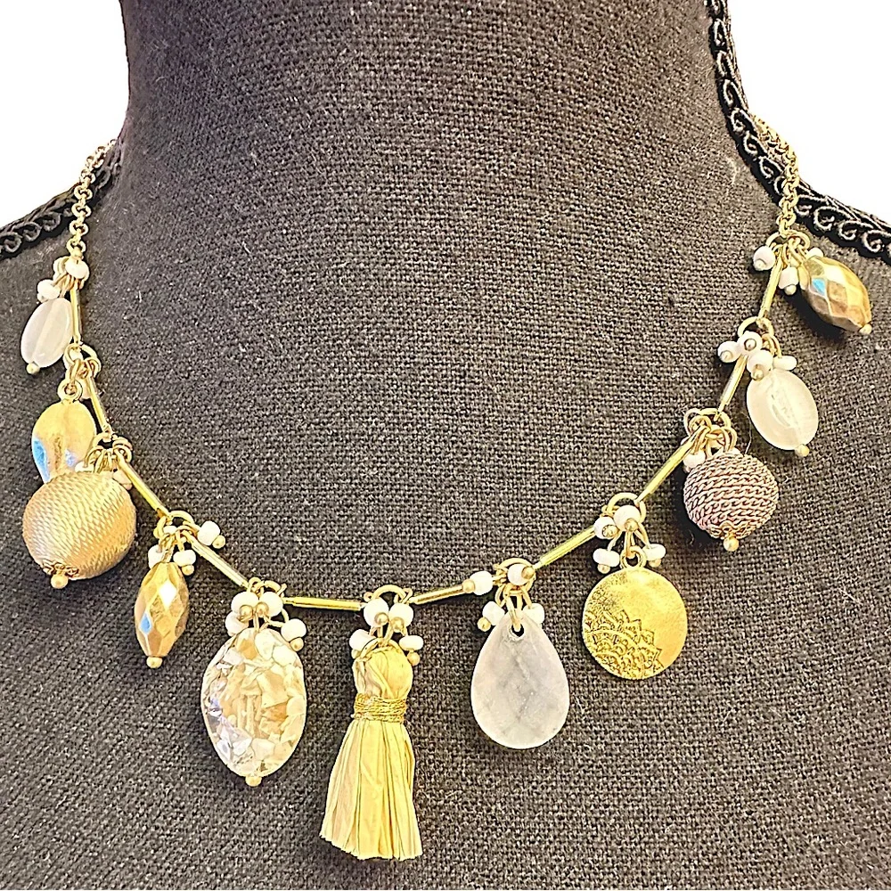 White and Gold Statement Necklace with Beads and Charms